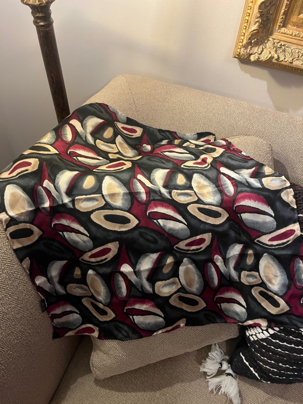 Abstract Silk Oval Print Satin Scarf in Black, Burgundy, Cream